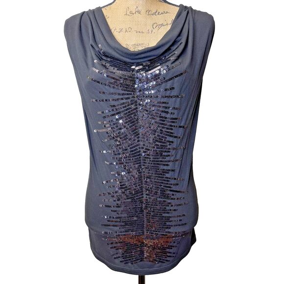 Leo Guy Black Cowl Neck Sleeveless Sequined Draped Back Party Top Blouse Sz 6/8 - Picture 1 of 12